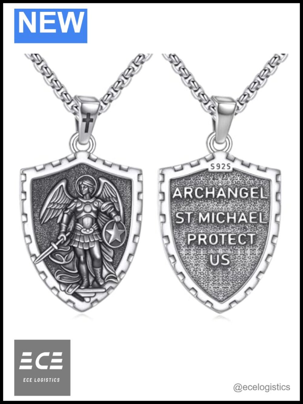 Sterling Silver Saint Medal Necklace Oval Archangel Pendant Religious